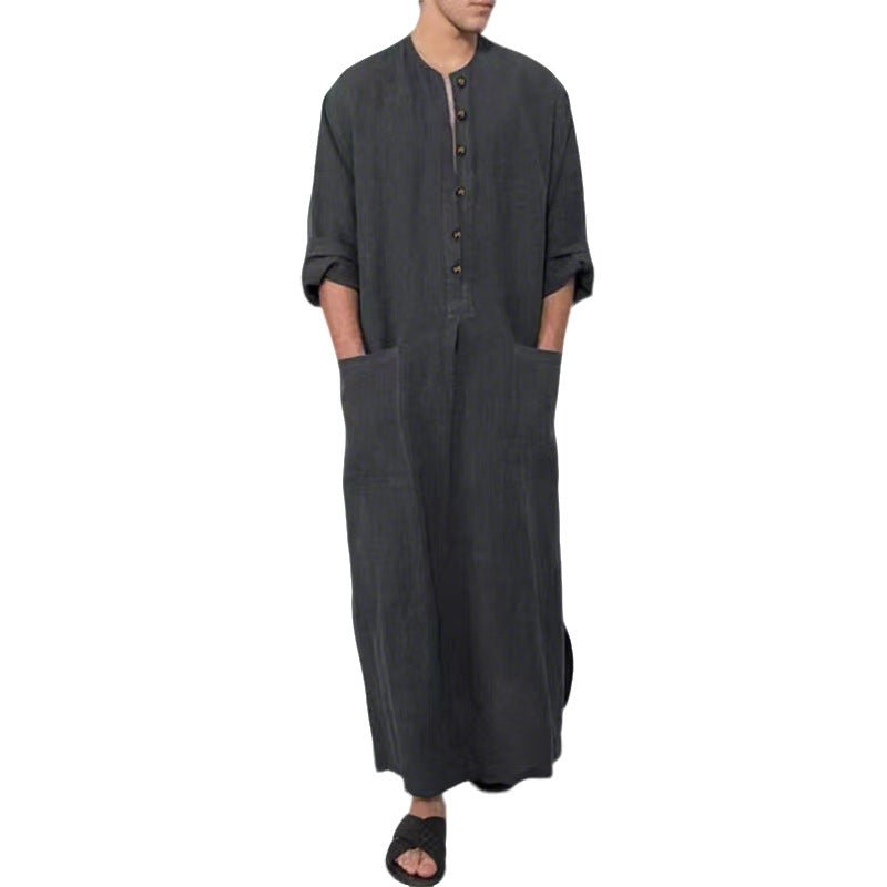 Men's Relaxed-Fit Maxi Linen Kaftan Tunic Stand-Collar Button Placket - Grau