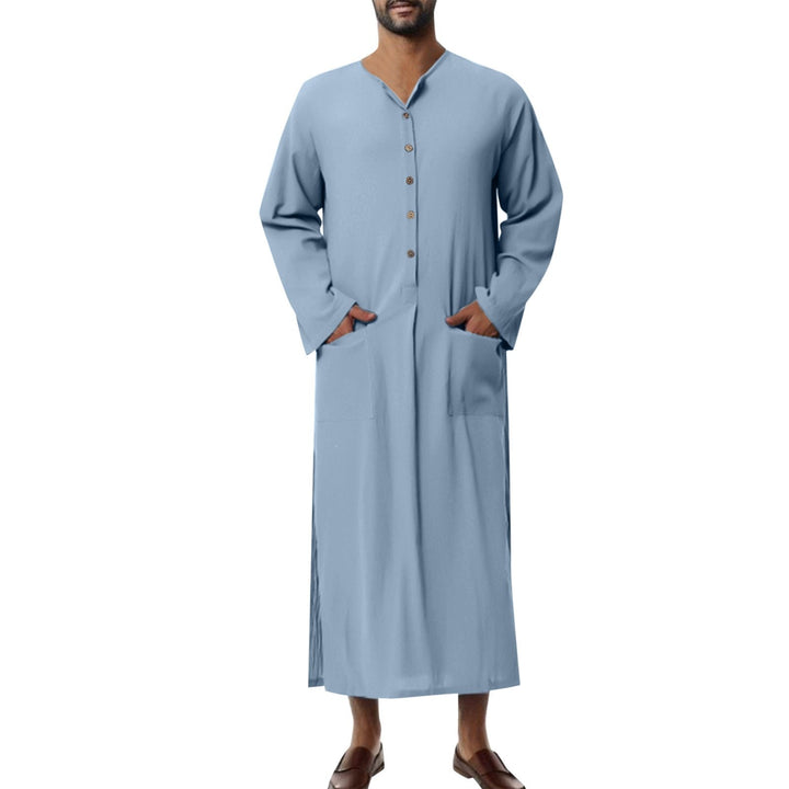 Men's Relaxed-Fit Maxi Linen Kaftan Tunic Stand-Collar Button Placket - Hellblau