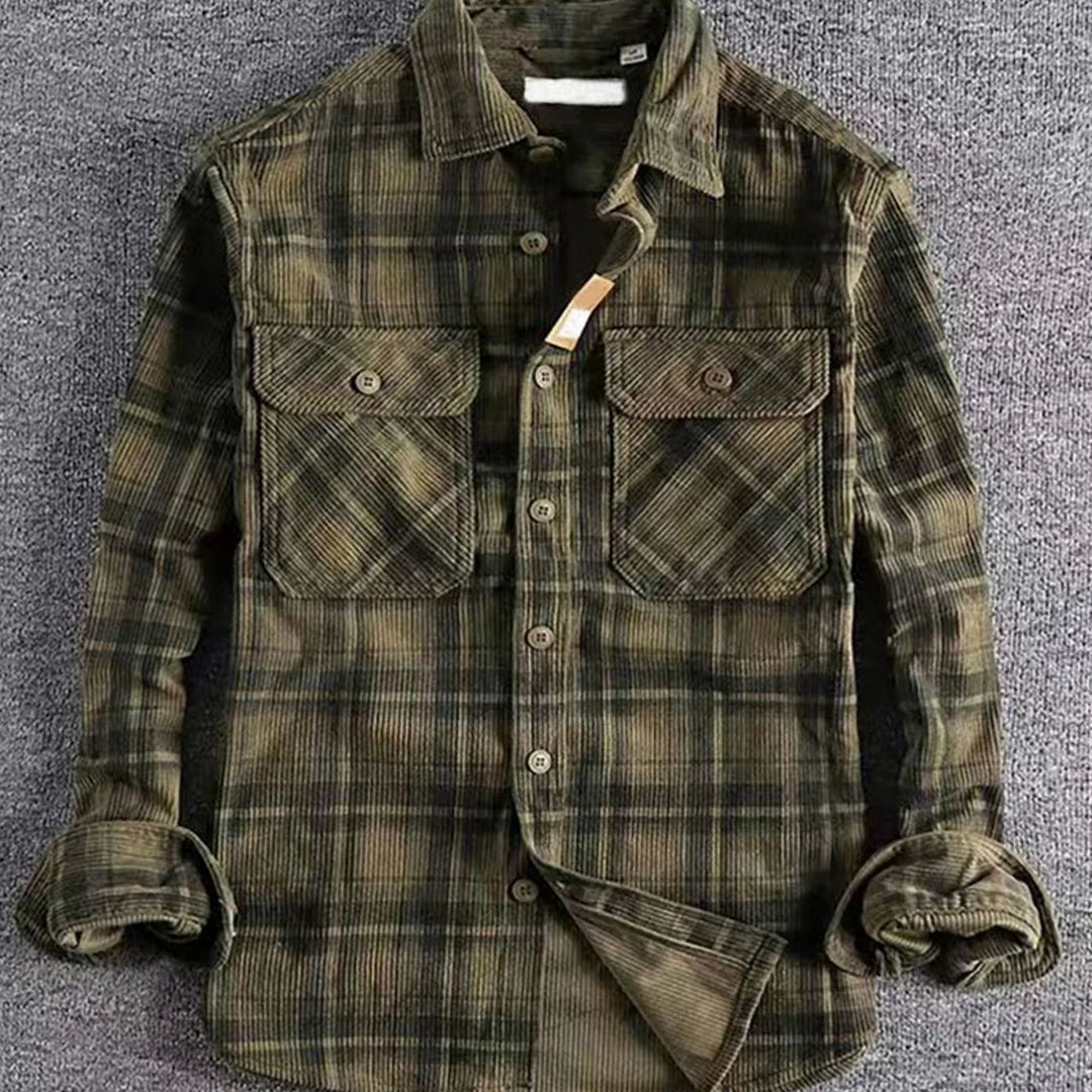 Men's Relaxed-Fit Plaid Corduroy Flannel Shirt Double Chest Pocket - Green