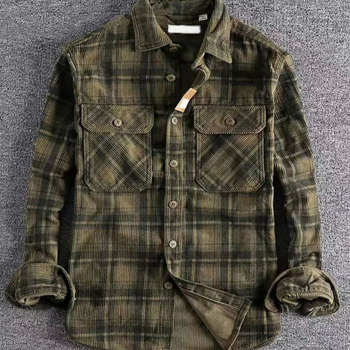 Men's Relaxed-Fit Plaid Corduroy Flannel Shirt Double Chest Pocket - Green