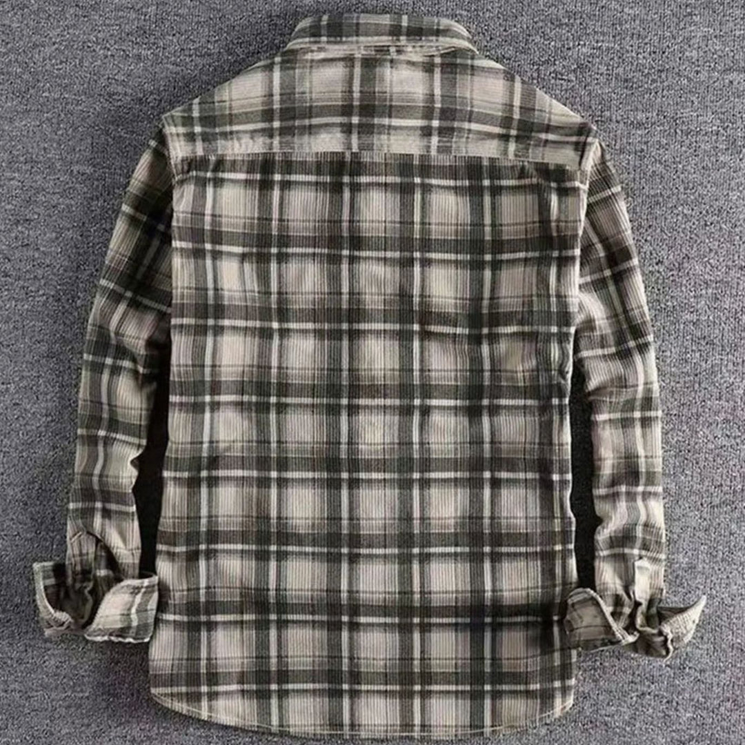 Men's Relaxed-Fit Plaid Corduroy Flannel Shirt Double Chest Pocket