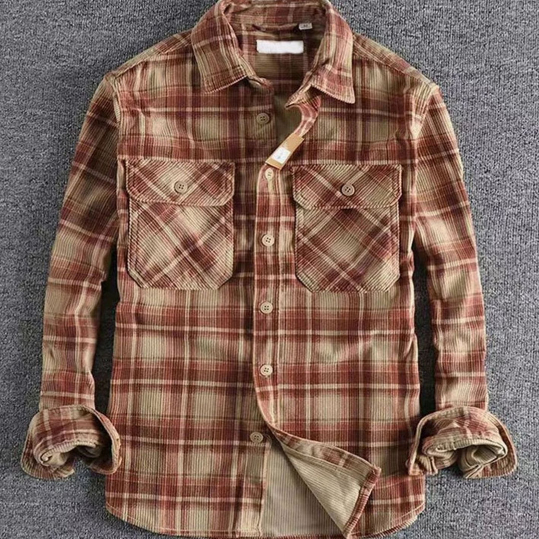 Men's Relaxed-Fit Plaid Corduroy Flannel Shirt Double Chest Pocket - Red