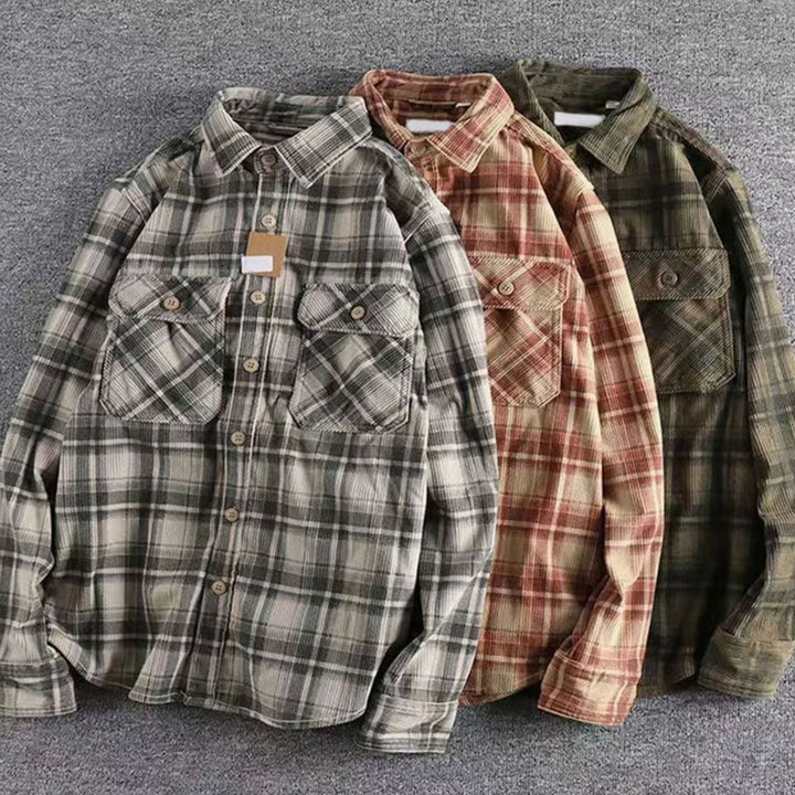 Men's Relaxed-Fit Plaid Corduroy Flannel Shirt Double Chest Pocket