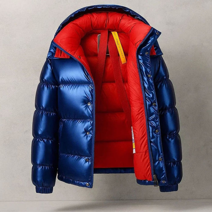 Men's Relaxed-Fit Zip-Up Insulated Puffer Jacket High Funnel Neck - Red Blue