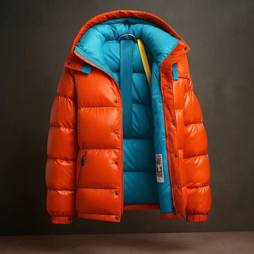 Men's Relaxed-Fit Zip-Up Insulated Puffer Jacket High Funnel Neck - Blue Orange