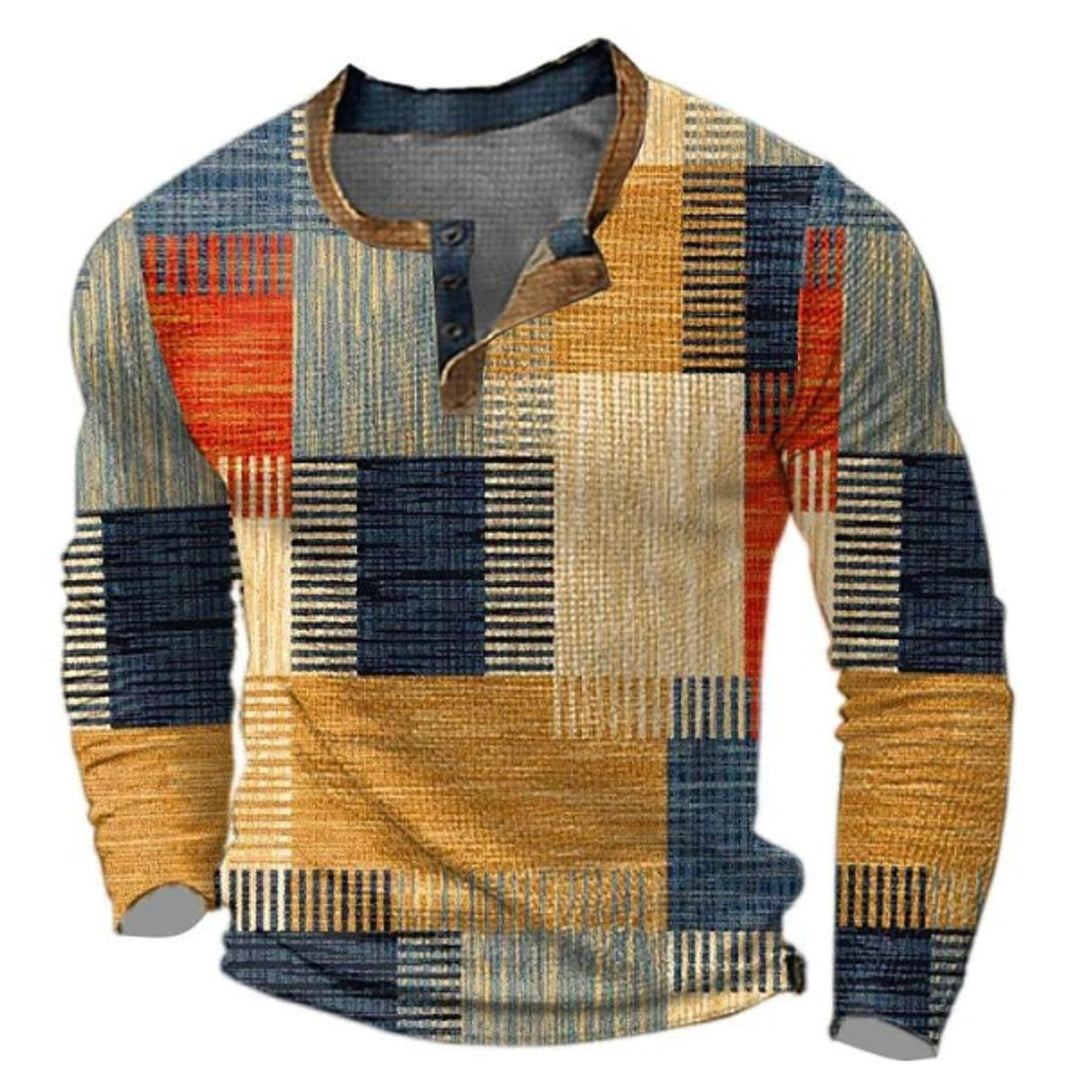 Men's Retro Colorblock Long Sleeve Henley Knit Sweater - Orange