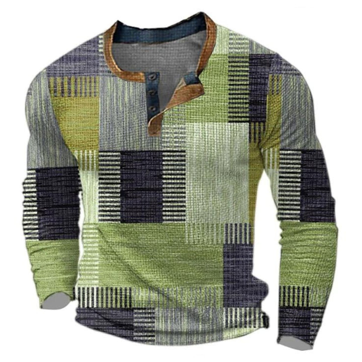 Men's Retro Colorblock Long Sleeve Henley Knit Sweater - Green