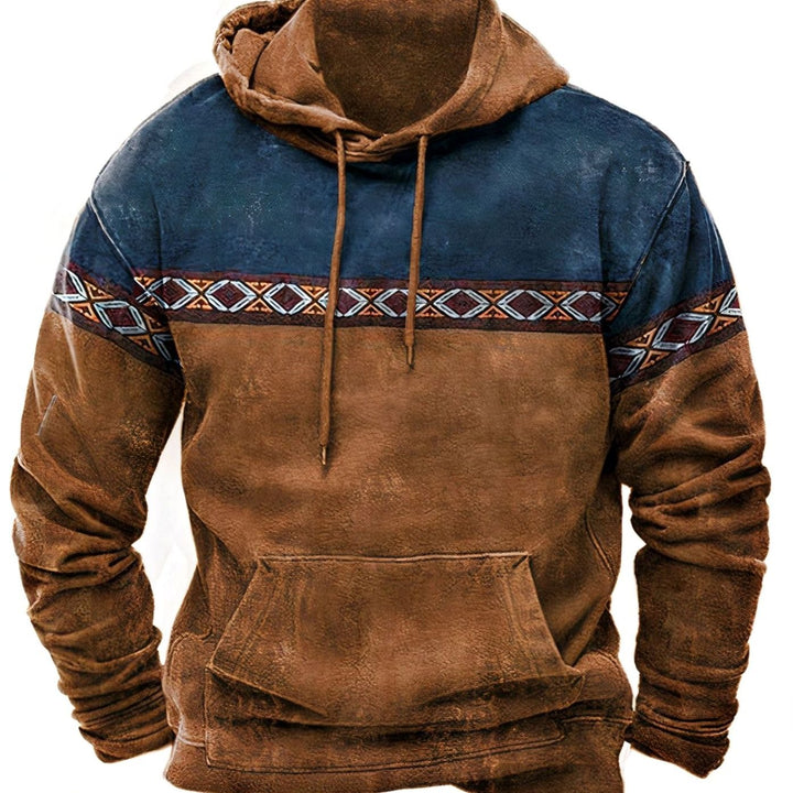Men's Retro Tribal Color-Block Drawstring Casual Hoodie - Brown