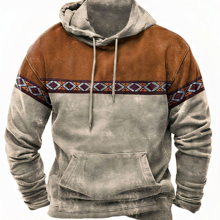 Men's Retro Tribal Color-Block Drawstring Casual Hoodie - Khaki