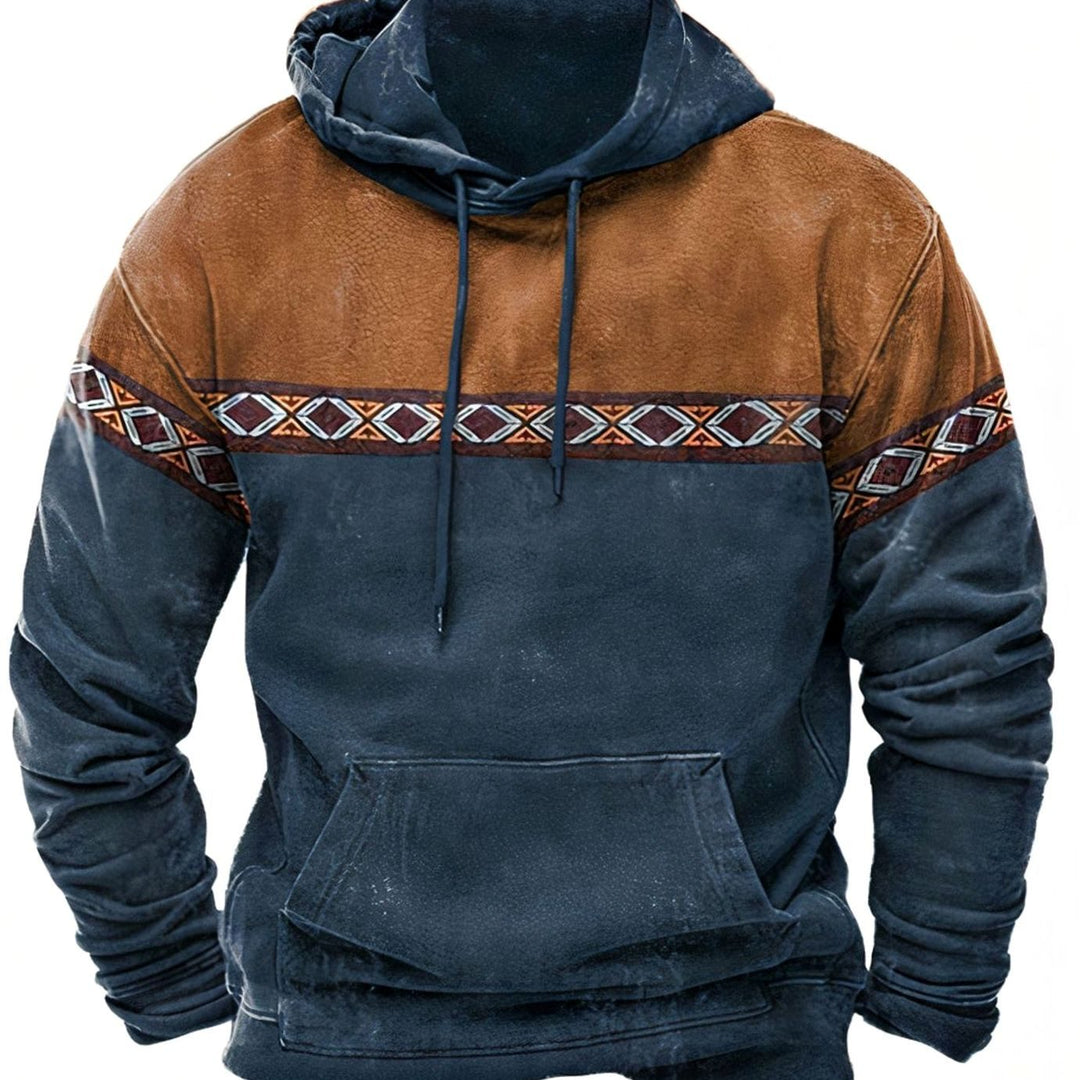 Men's Retro Tribal Color-Block Drawstring Casual Hoodie - Dark Green