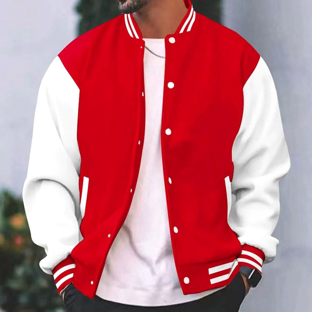 Men's Retro Two-Tone Snap-Button Varsity Jacket - Red