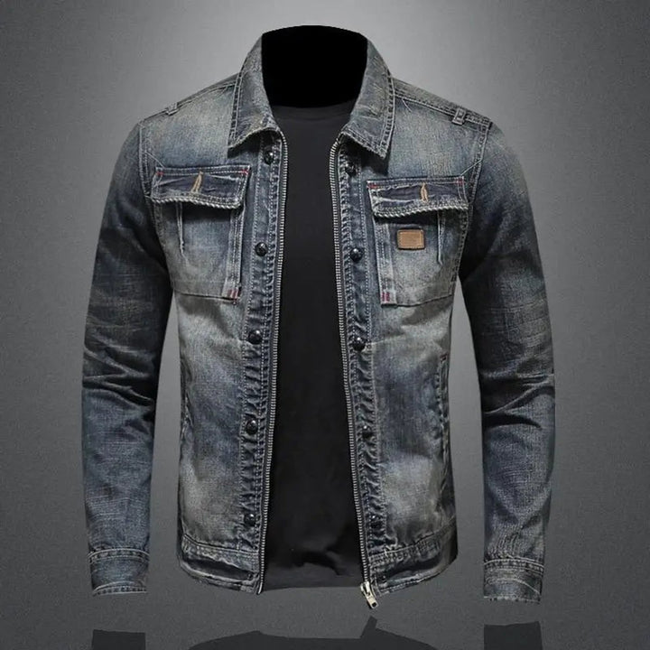 Men's Retro Washed Denim Zip-Up Jacket Casual Outerwear Coat