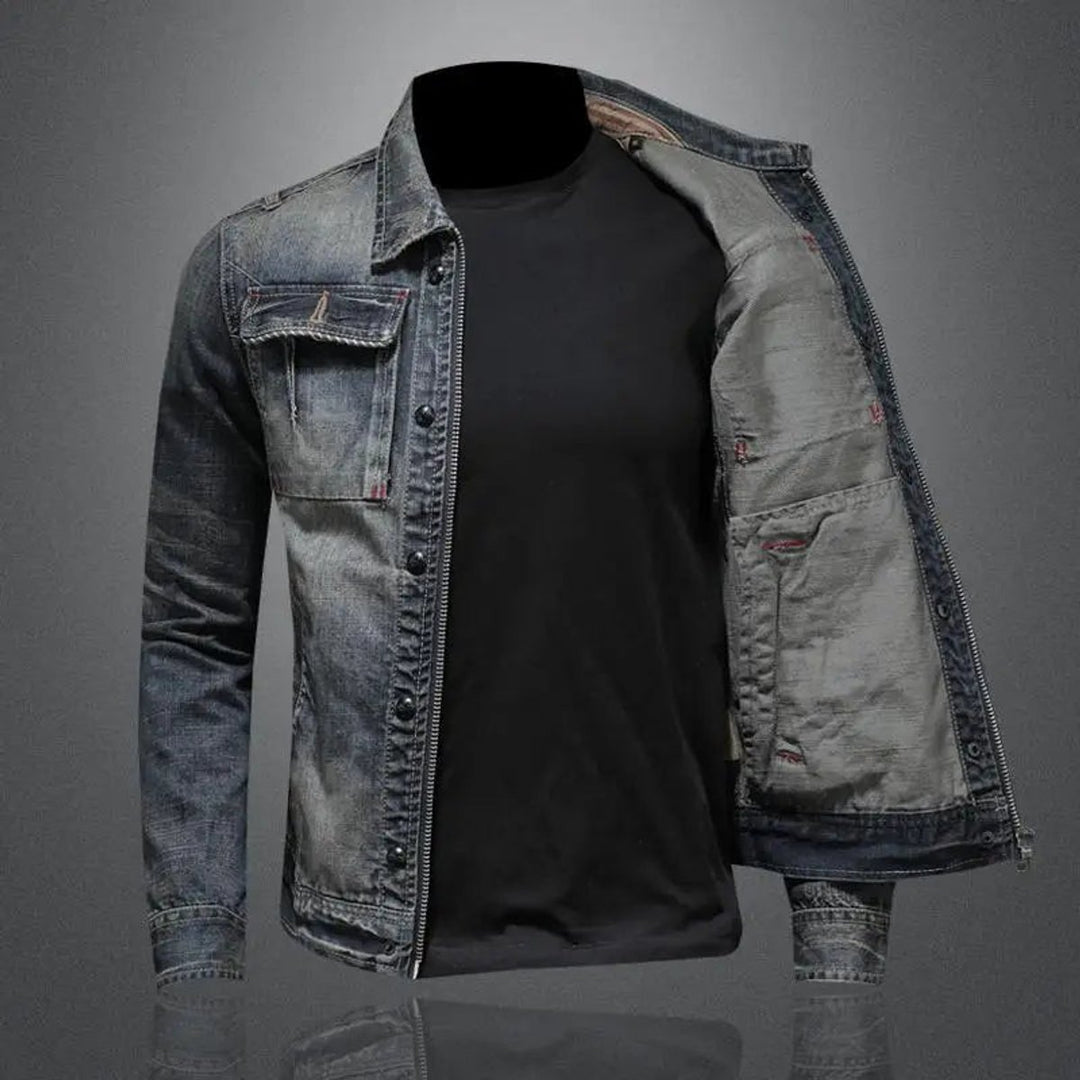 Men's Retro Washed Denim Zip-Up Jacket Casual Outerwear Coat