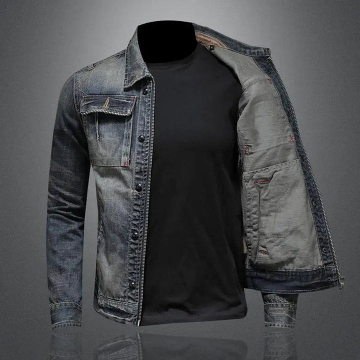 Men's Retro Washed Denim Zip-Up Jacket Casual Outerwear Coat