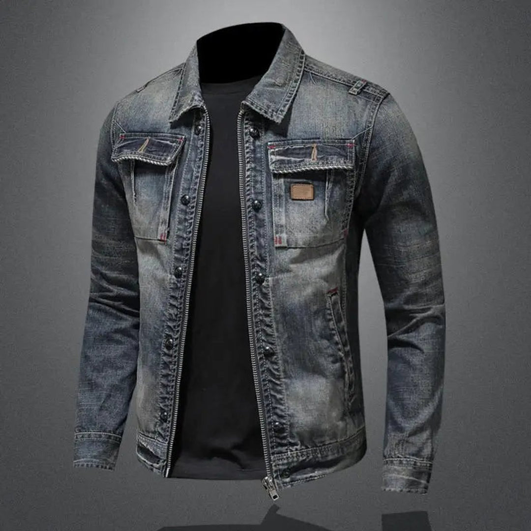 Men's Retro Washed Denim Zip-Up Jacket Casual Outerwear Coat