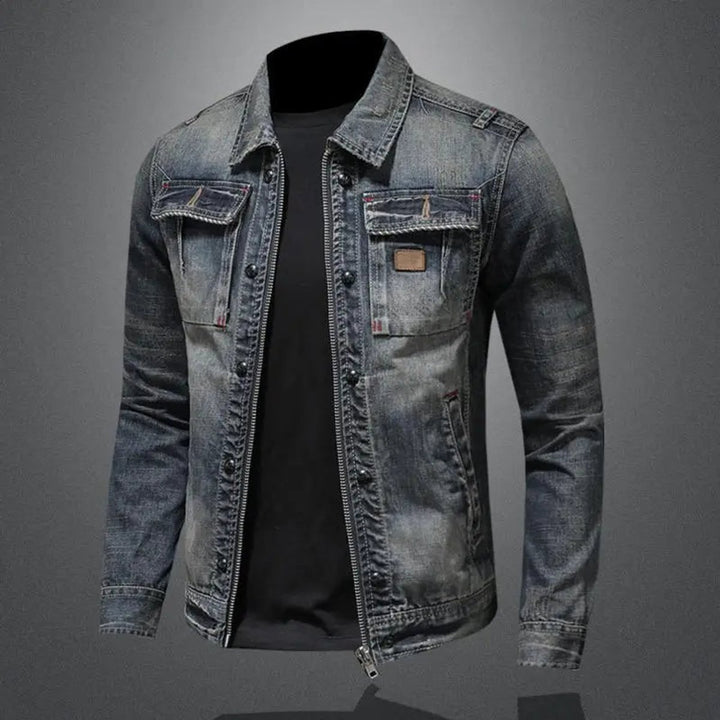 Men's Retro Washed Denim Zip-Up Jacket Casual Outerwear Coat