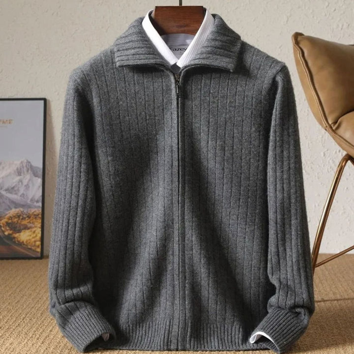 Men's Ribbed Full-Zip Stand-Collar Knit Cardigan Sweater - Gray