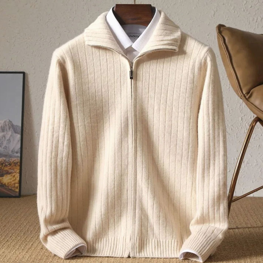 Men's Ribbed Full-Zip Stand-Collar Knit Cardigan Sweater - Beige