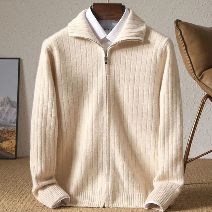Men's Ribbed Full-Zip Stand-Collar Knit Cardigan Sweater - Beige