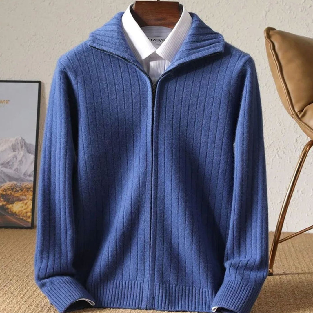 Men's Ribbed Full-Zip Stand-Collar Knit Cardigan Sweater - Blue