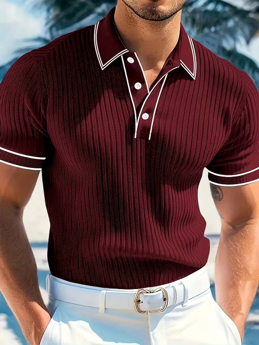 Men's Ribbed Knit Contrast-Trim Short-Sleeve Polo Shirt - Red