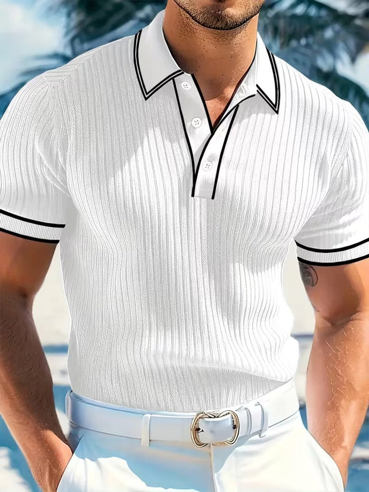 Men's Ribbed Knit Contrast-Trim Short-Sleeve Polo Shirt - White