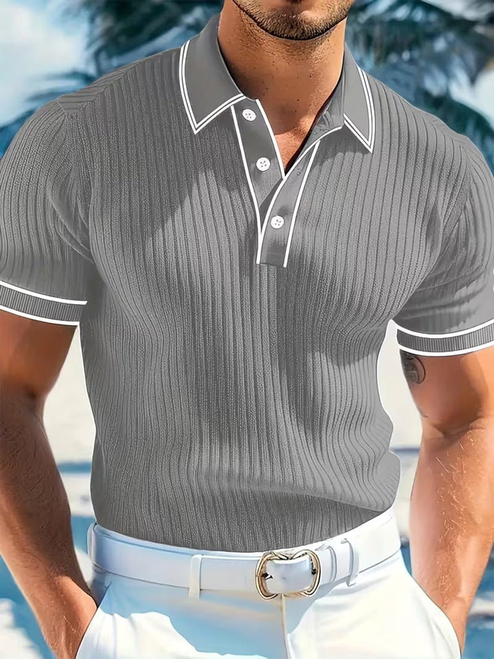 Men's Ribbed Knit Contrast-Trim Short-Sleeve Polo Shirt - Gray