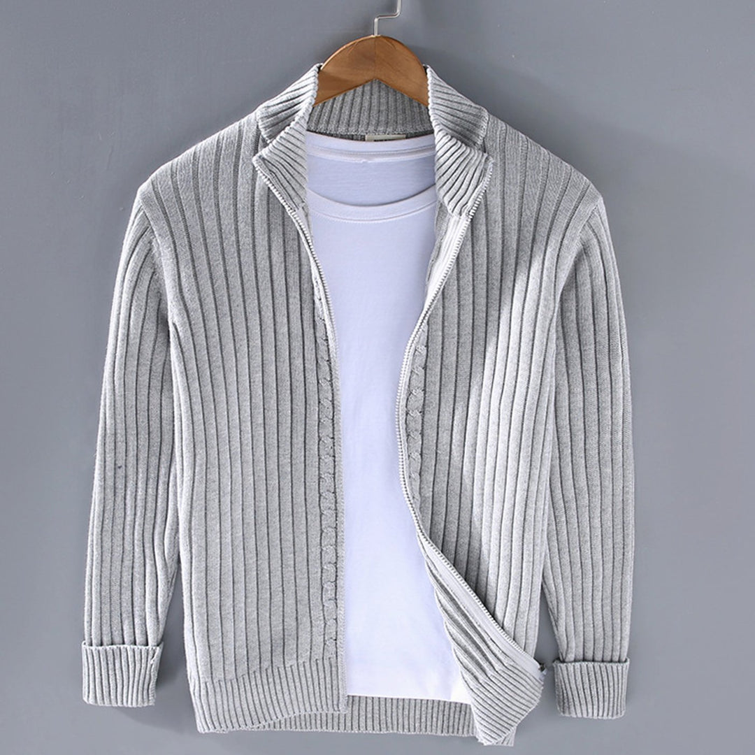 Men's Ribbed-Knit Full-Zip Winter Cardigan Sweater - Grey