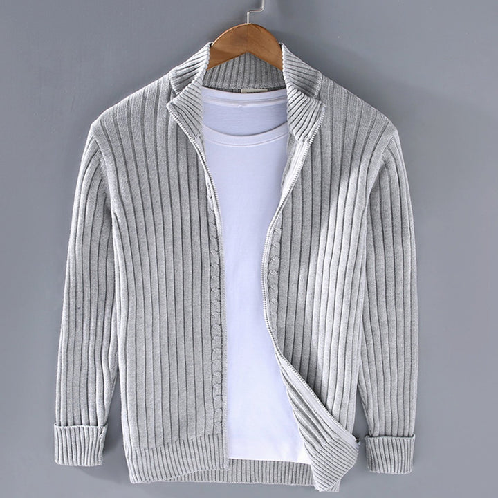 Men's Ribbed-Knit Full-Zip Winter Cardigan Sweater - Grey