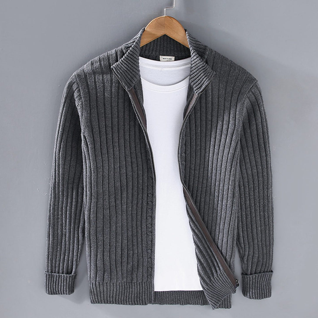 Men's Ribbed-Knit Full-Zip Winter Cardigan Sweater - Charcoal