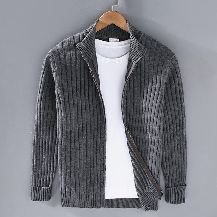 Men's Ribbed-Knit Full-Zip Winter Cardigan Sweater - Charcoal