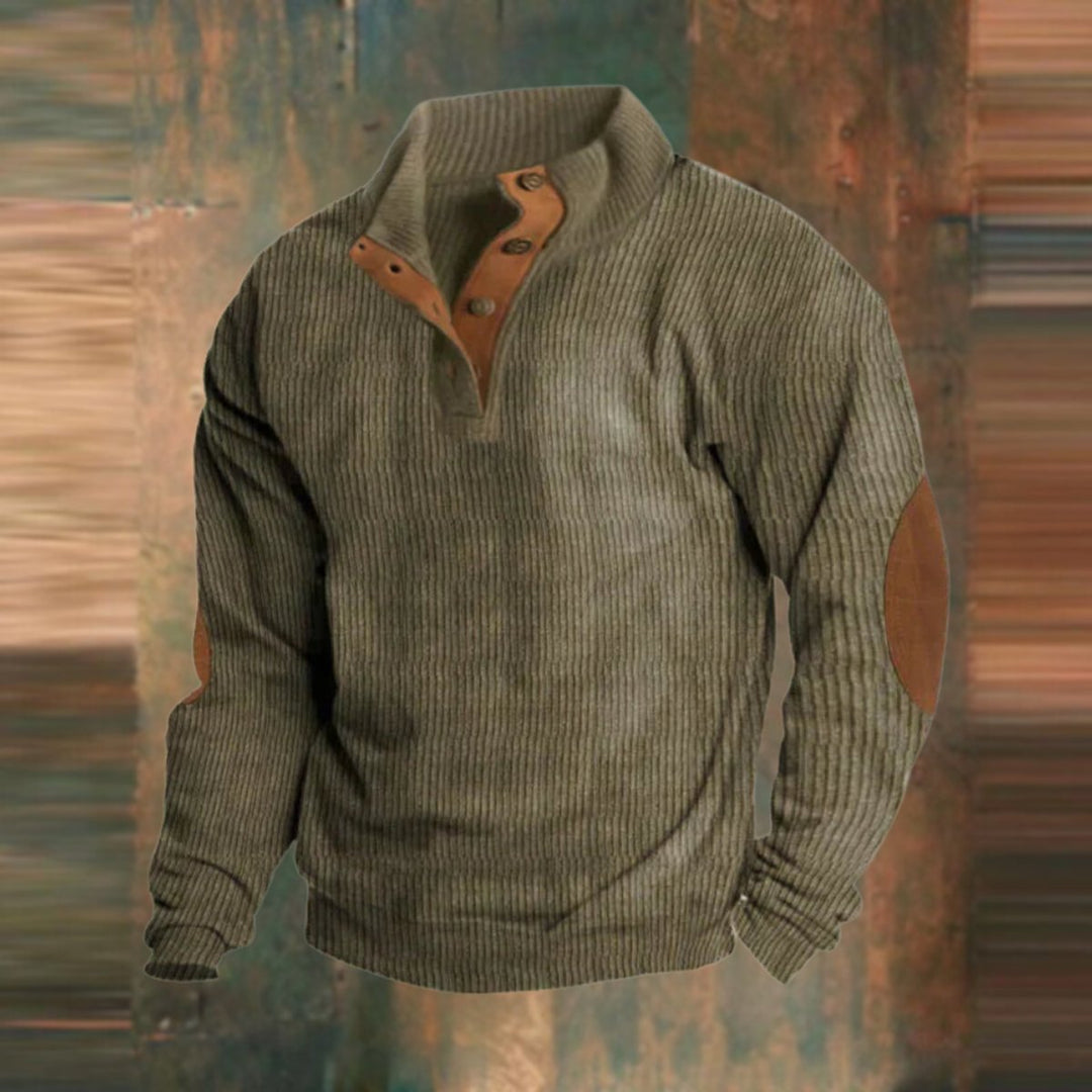 Men's Ribbed Knit Sweater Henley Pullover Elbow Patch Quarter Snap - Green