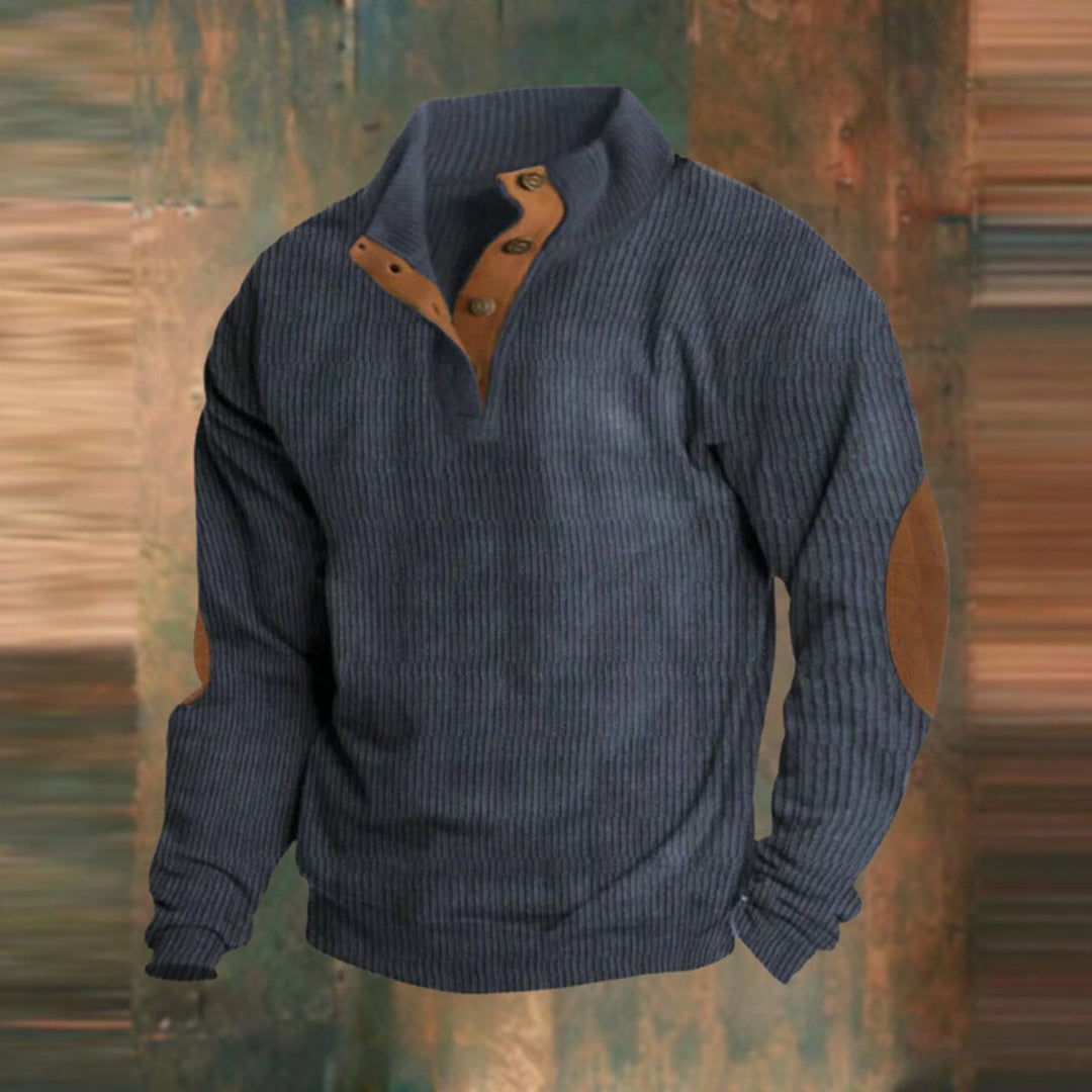 Men's Ribbed Knit Sweater Henley Pullover Elbow Patch Quarter Snap - Navy Blue