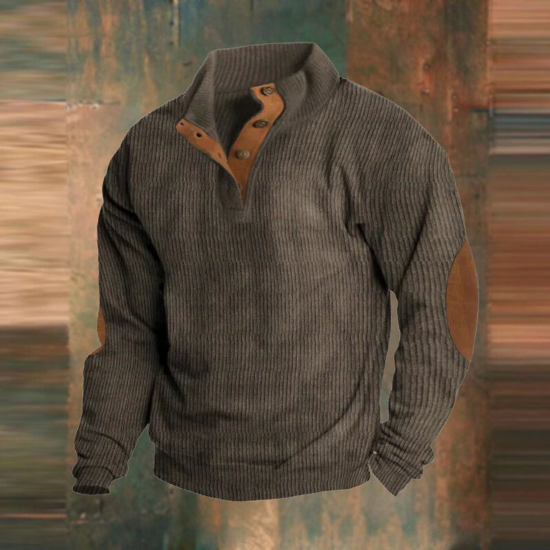 Men's Ribbed Knit Sweater Henley Pullover Elbow Patch Quarter Snap - Brown