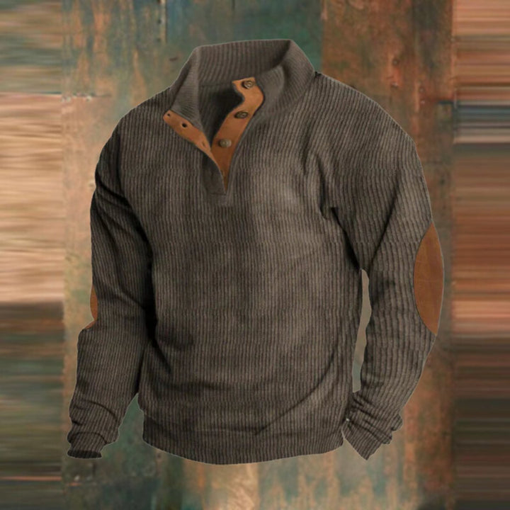 Men's Ribbed Knit Sweater Henley Pullover Elbow Patch Quarter Snap - Brown