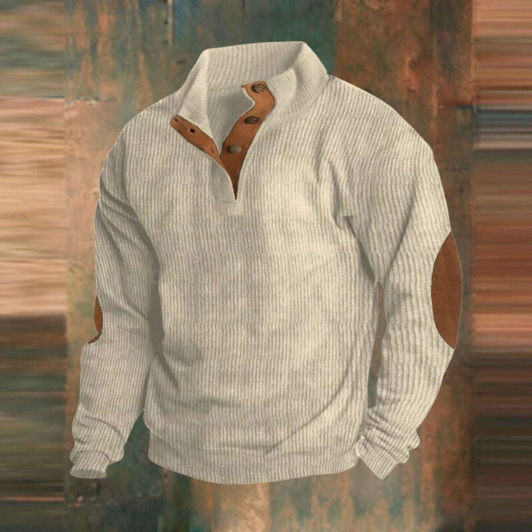 Men's Ribbed Knit Sweater Henley Pullover Elbow Patch Quarter Snap - Beige
