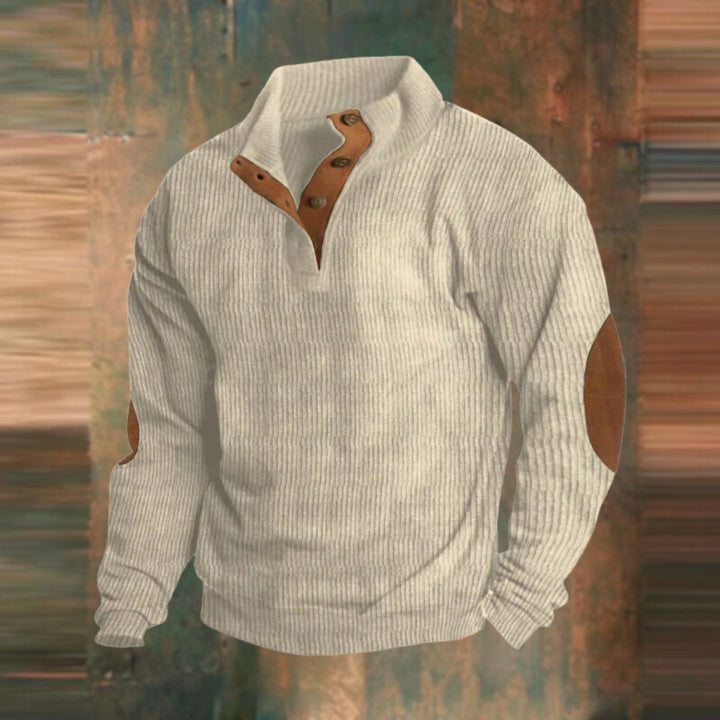 Men's Ribbed Knit Sweater Henley Pullover Elbow Patch Quarter Snap - Beige