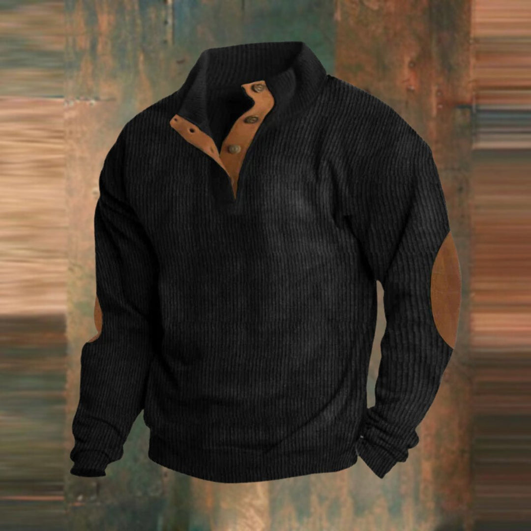 Men's Ribbed Knit Sweater Henley Pullover Elbow Patch Quarter Snap - Black