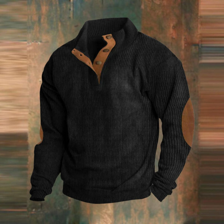 Men's Ribbed Knit Sweater Henley Pullover Elbow Patch Quarter Snap - Black