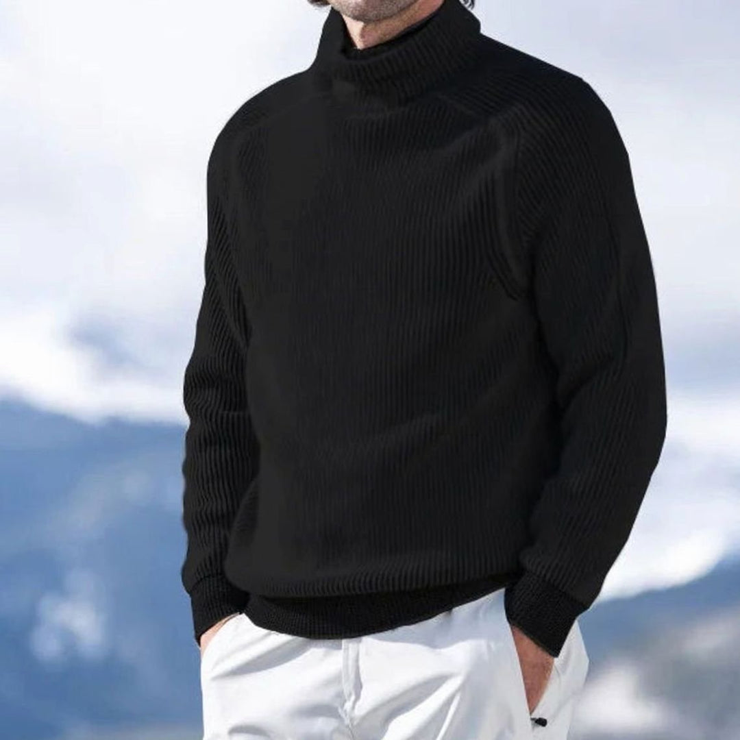 Men's Ribbed Knit Turtleneck Sweater Casual Winter Pullover - Black