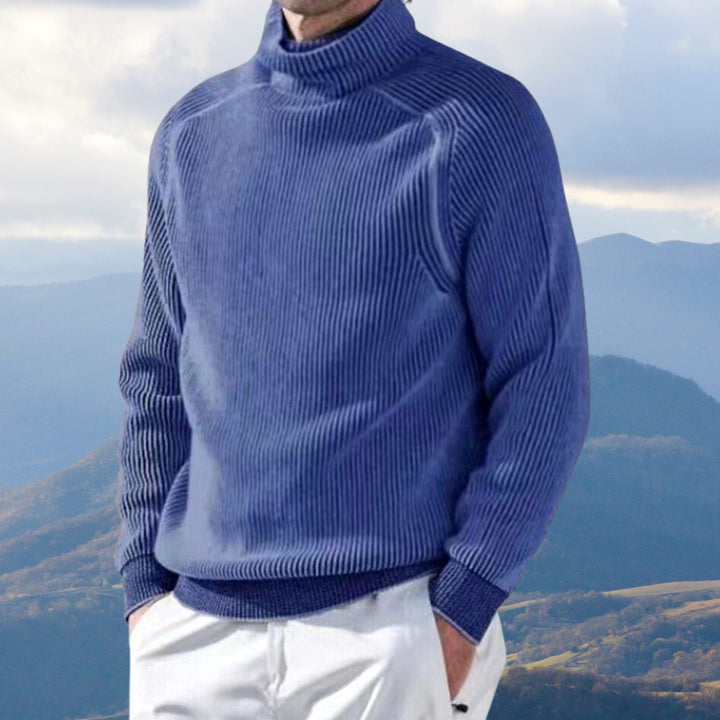 Men's Ribbed Knit Turtleneck Sweater Casual Winter Pullover - Blue