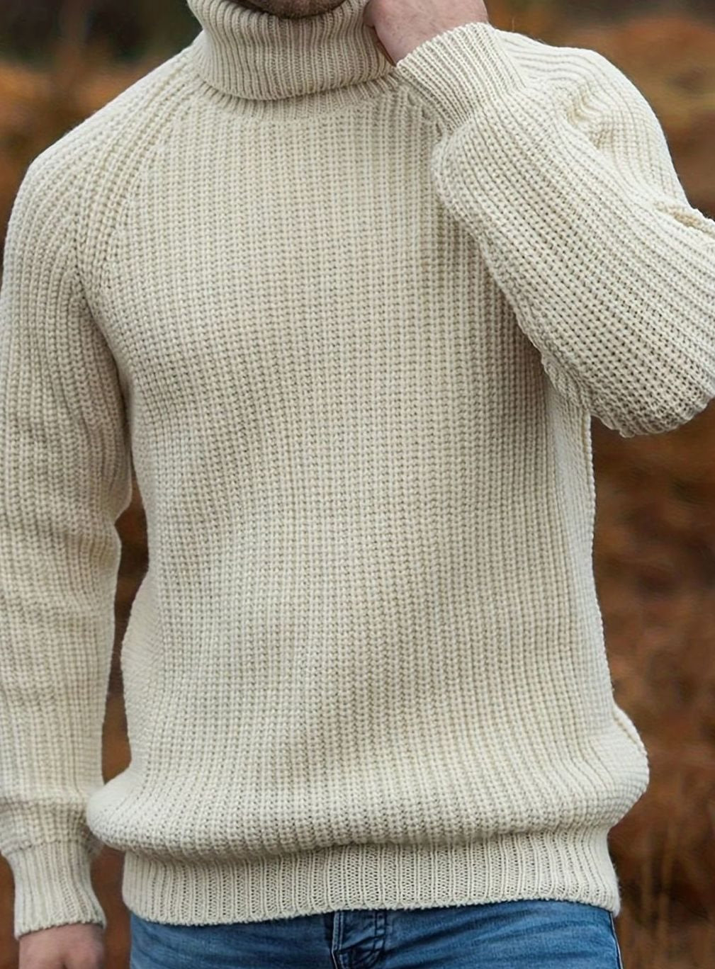Men's Ribbed Knit Turtleneck Sweater Regular Fit Pullover - Beige