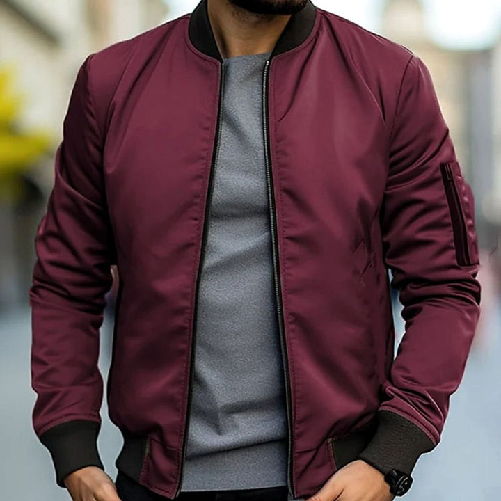 Men's Ribbed-Trim Zip-Up Casual Bomber Jacket - Red