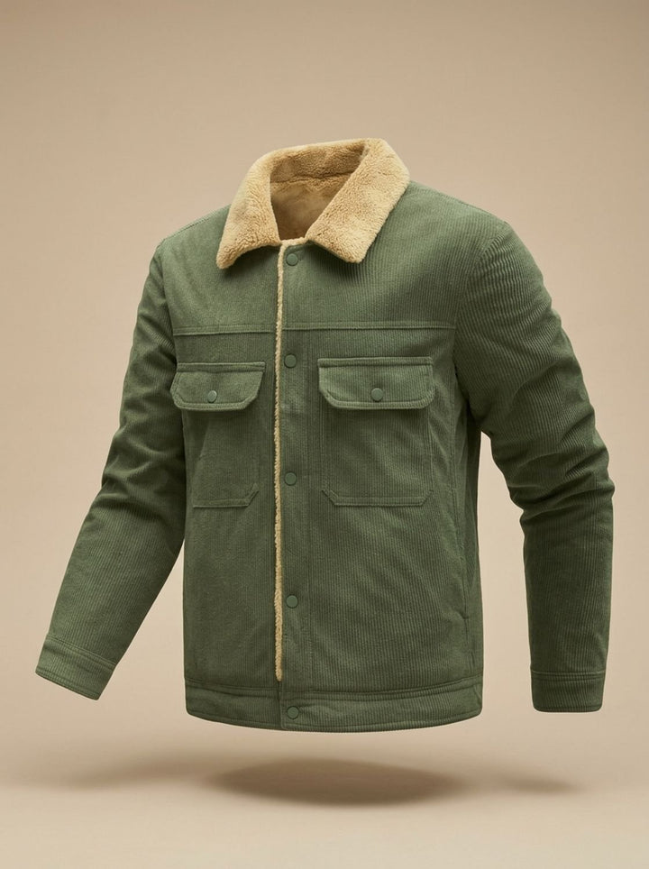 Men's Sherpa-Lined Corduroy Button-Front Jacket - Olive Green (Army Green)