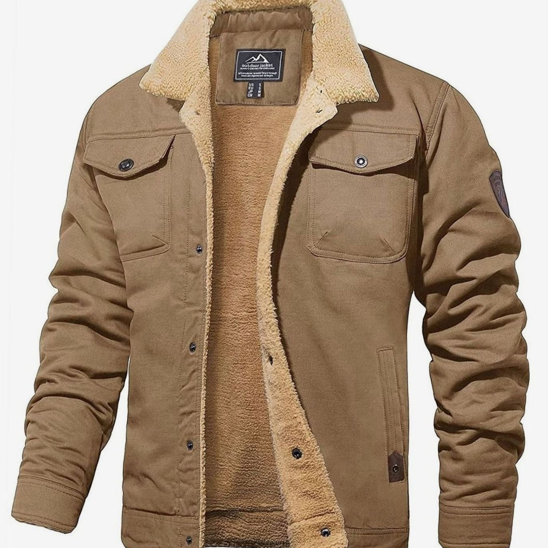 Men's Sherpa-Lined Fleece Winter Jacket Relaxed Fit - Khaki