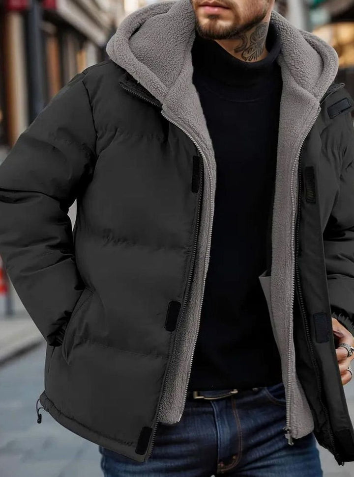 Men's Sherpa-Lined Hooded Puffer Street Style Jacket - Black