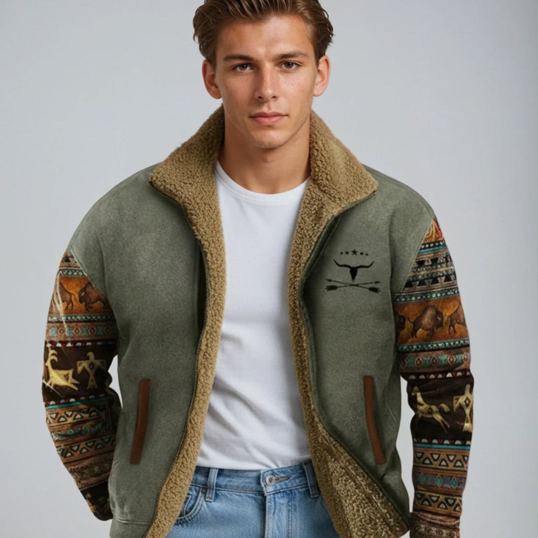 Men's Sherpa-Lined Tribal Print Zip-Up Winter Coat