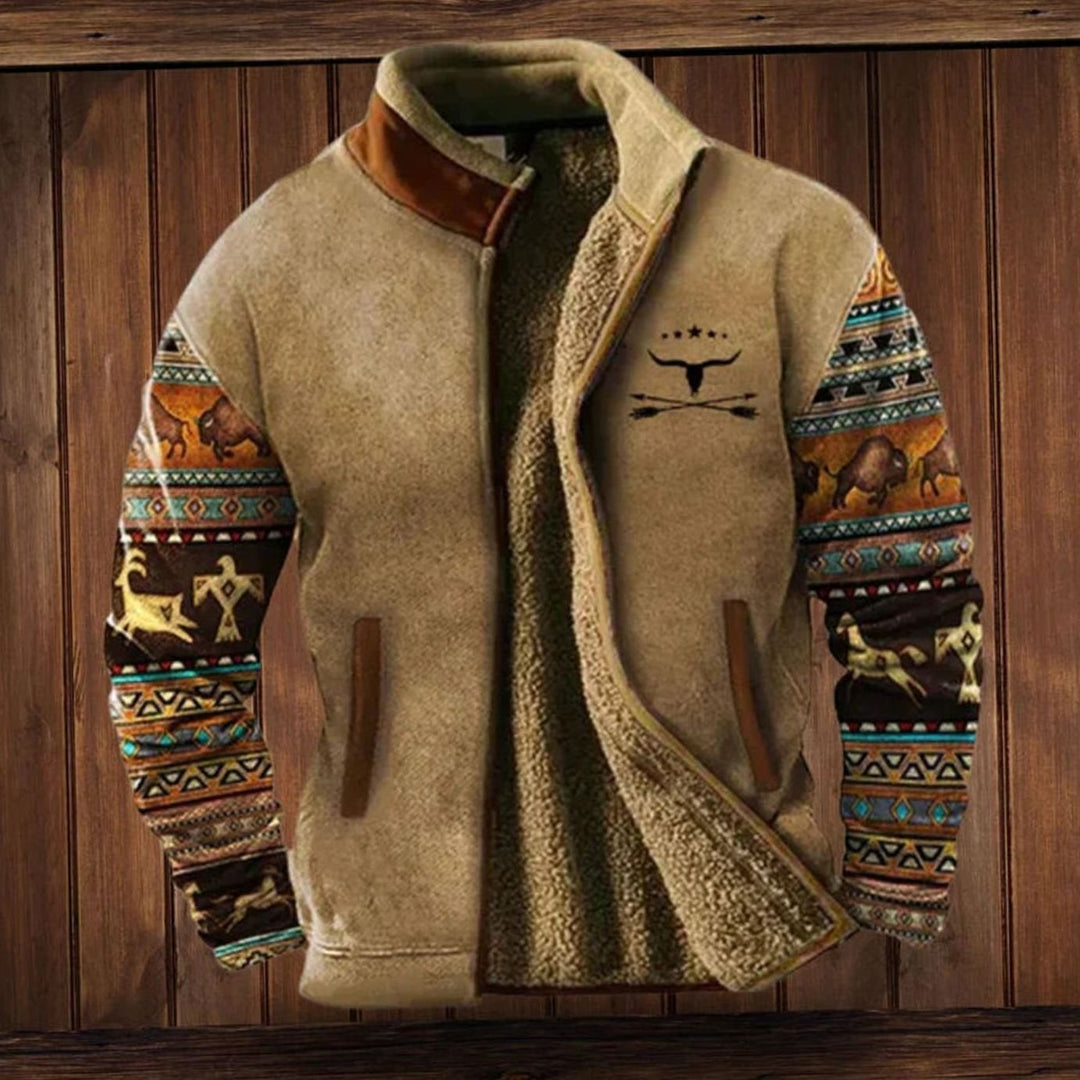 Men's Sherpa-Lined Tribal Print Zip-Up Winter Coat - Brown