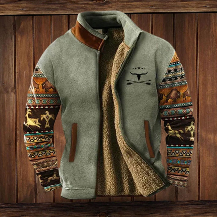 Men's Sherpa-Lined Tribal Print Zip-Up Winter Coat - Gray