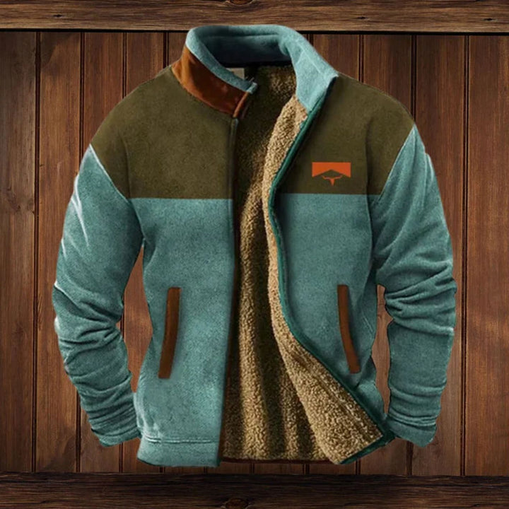 Men's Sherpa-Lined Tribal Print Zip-Up Winter Coat - Blue 1